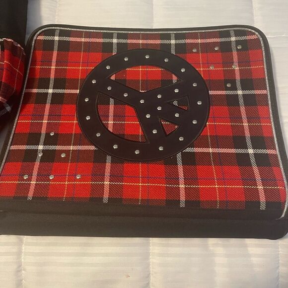 Justice Red Plaid Messenger Bag & Binder with Peace Sign studded accents. - Picture 8 of 10